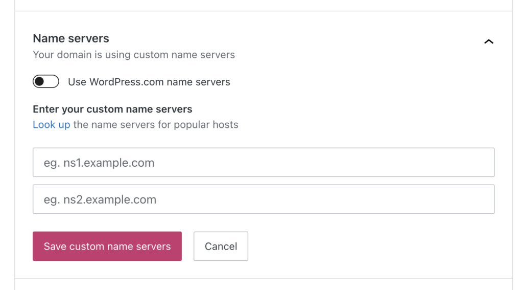 Custom Name Servers section