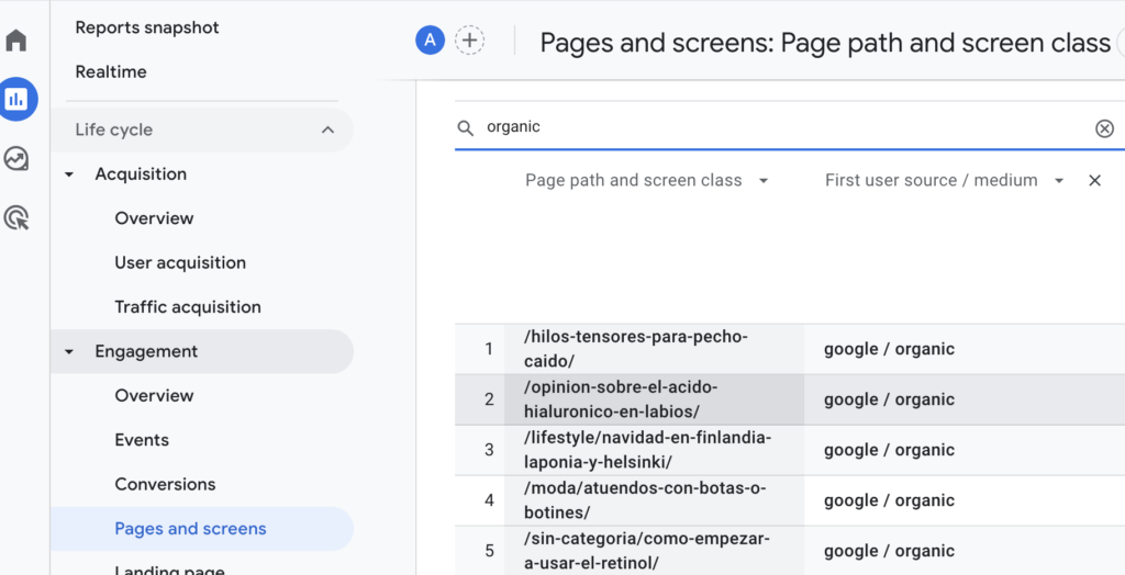 Organic traffic filter Page and Screens