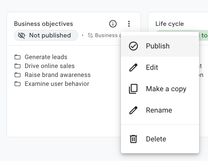 58. How to get the business objectives report on the sidebar in Google Analytics 4 - publish business cycle