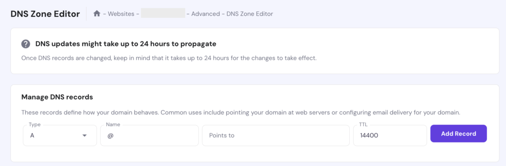 61. DNS records issues after the migration to Hostinger - Zone editor interface